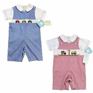 NWT 2 Sets Vive La Fete Hand Smocked Jon Jon Shortall SIZE 3 Cars Blue Red Plaid